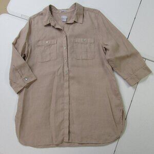 Chicos Size 2 Tan No Iron Linen Button Down 3/4 Sleeve